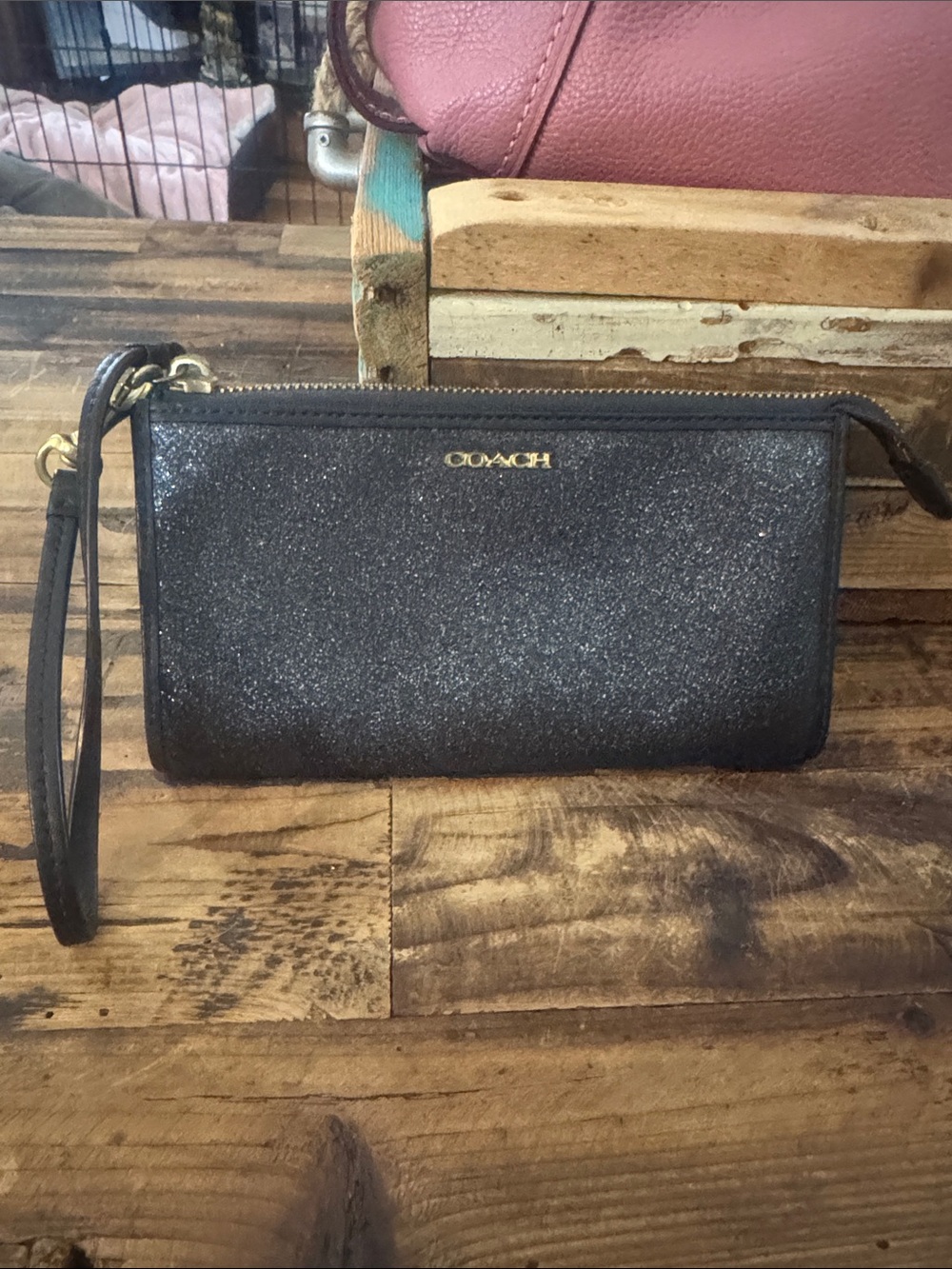 COACH Black Glitter Zip Wristlet Wallet with Gold Logo